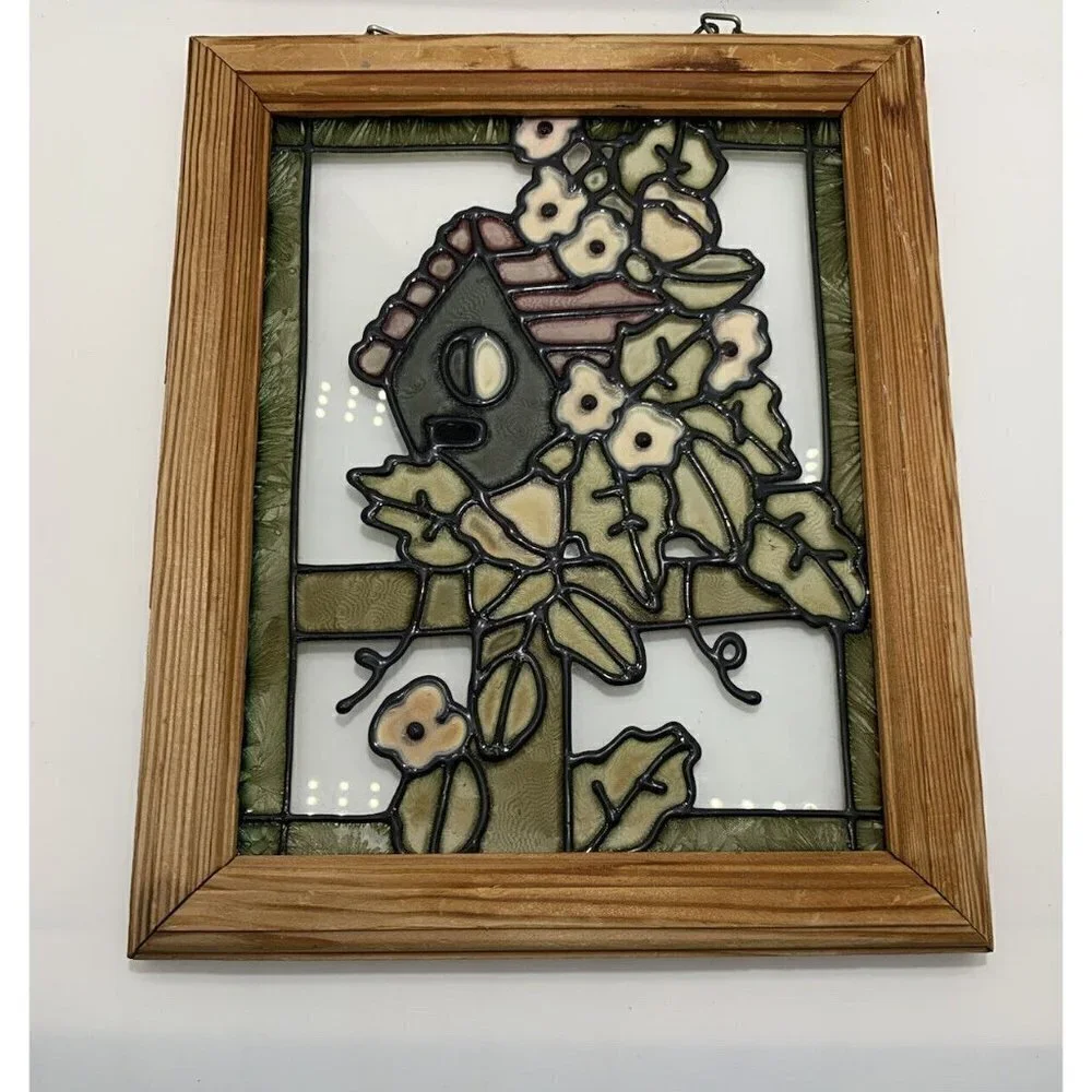 Wood Framed Vibrant Birdhouse & Flowers Stained Glass Wall Art 11.5x9.5 Vintage